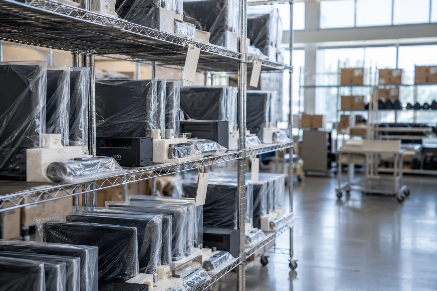Organized project staging area with labeled, wrapped kits ready for scheduled handoff