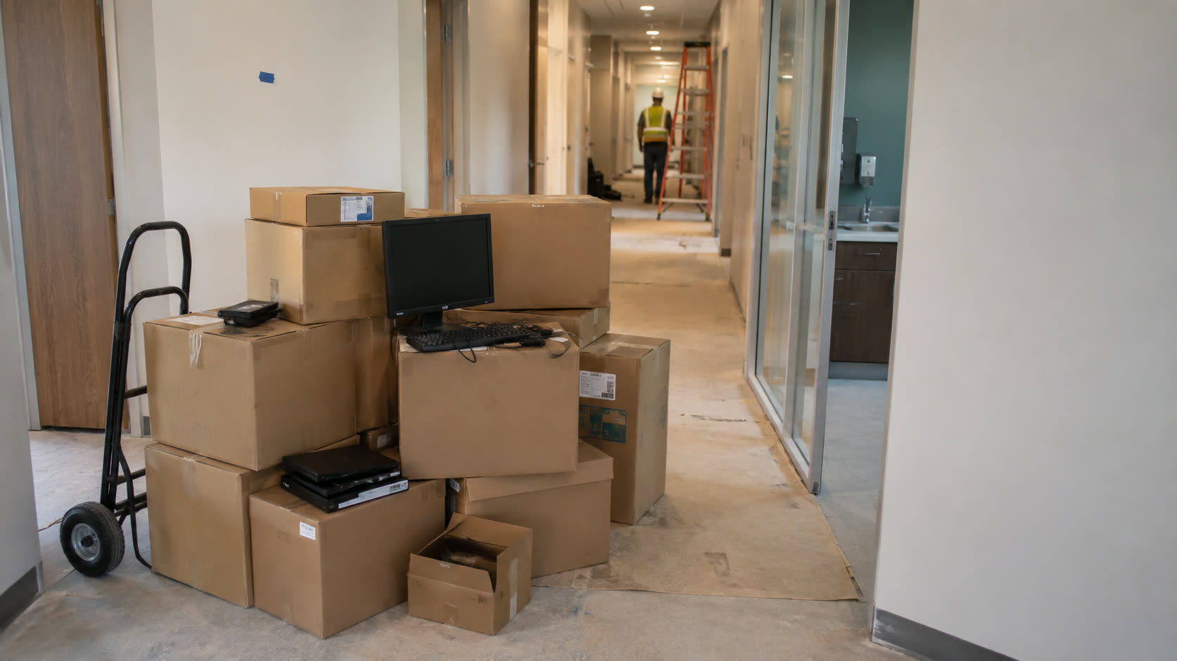 IT equipment boxes stacked in a partially finished clinic hallway