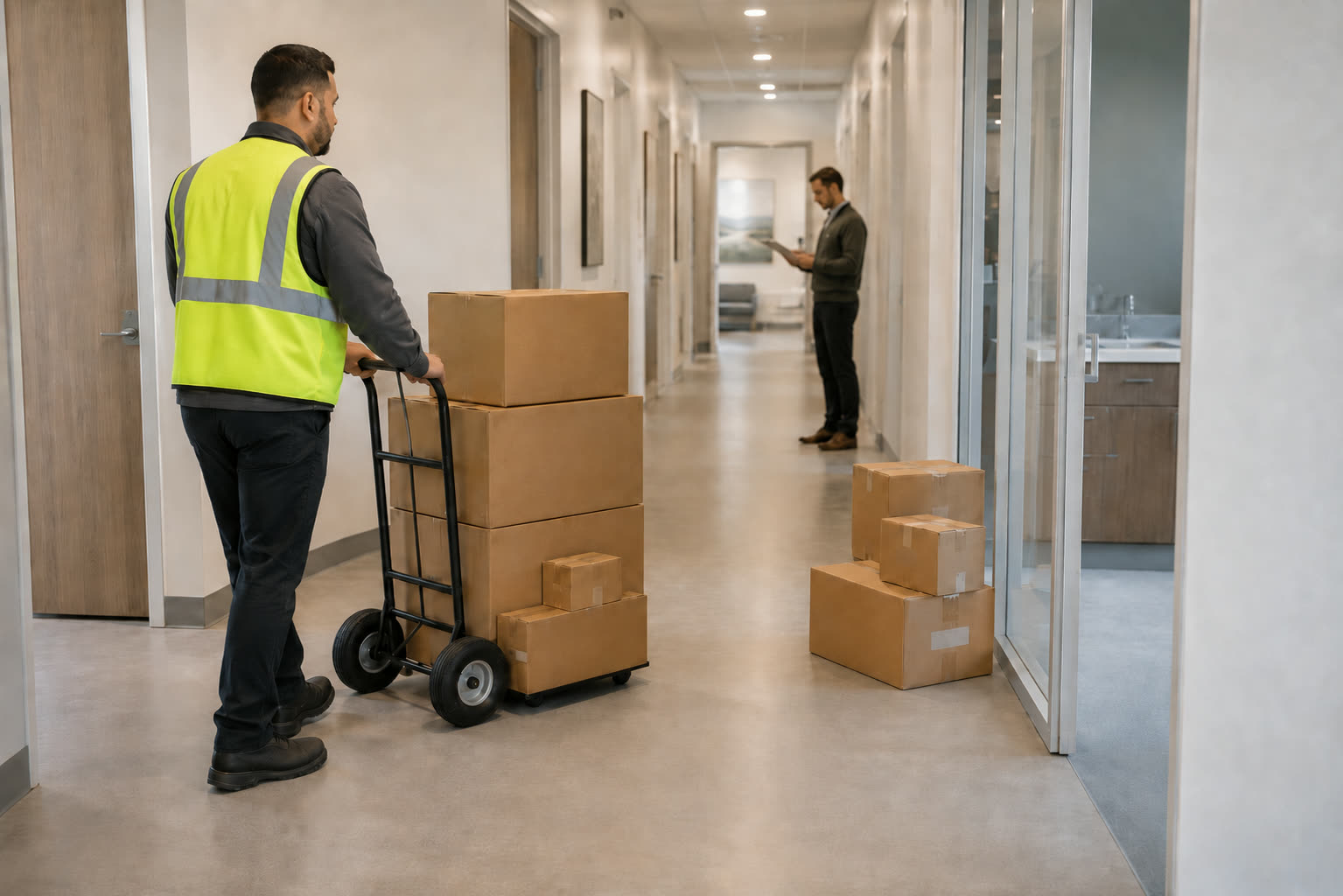 A worker hand-trucking organized IT equipment boxes through a finished clinic corridor