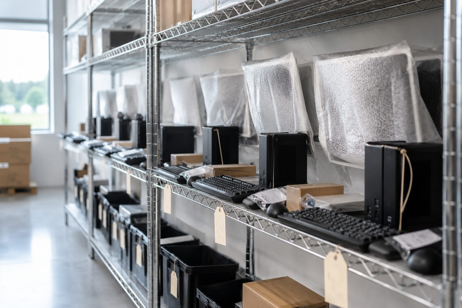 Labeled equipment kits staged on shelving, organized by room, ready for a scheduled clinic delivery