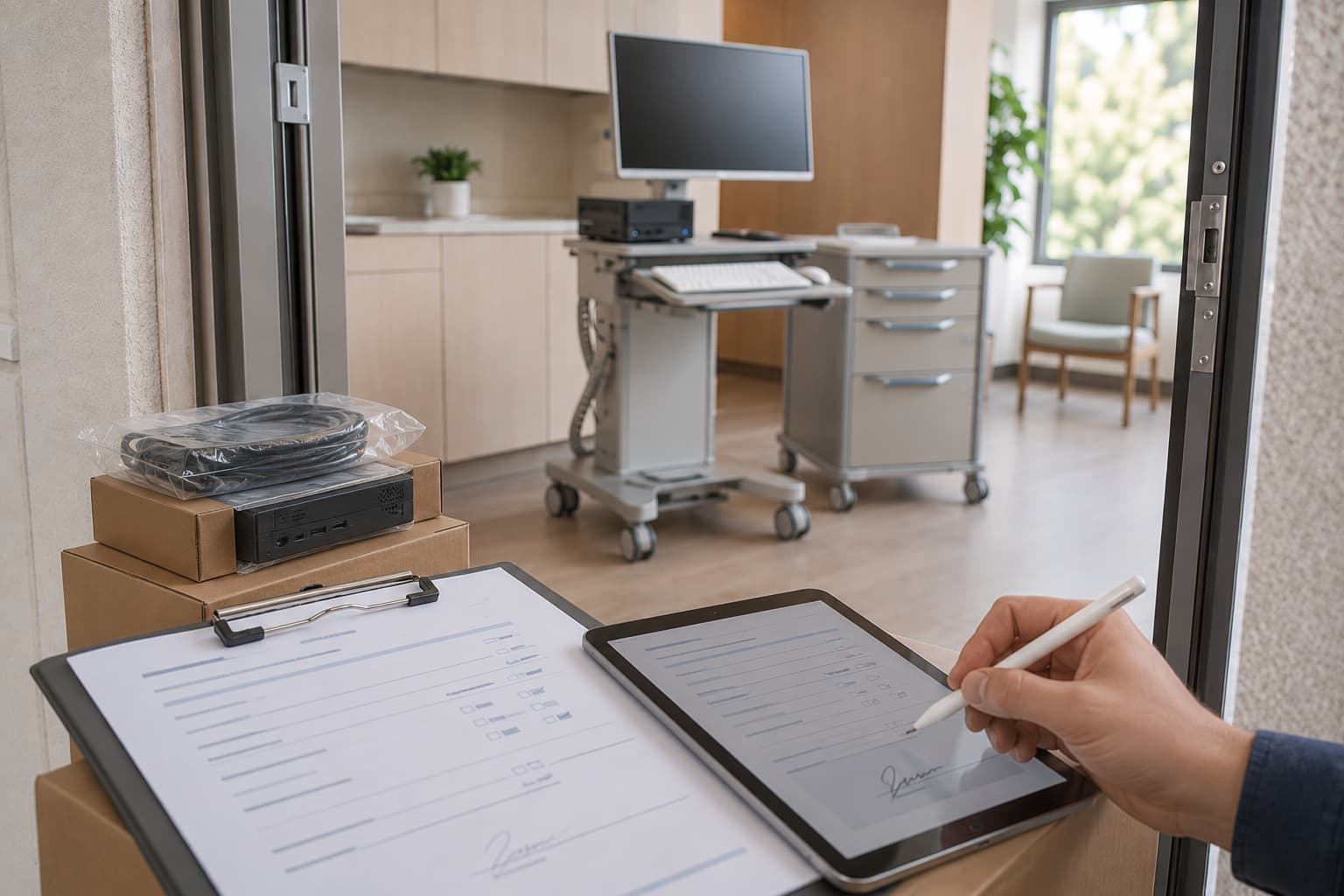 Delivery sign-off and placement confirmation paperwork at project closeout