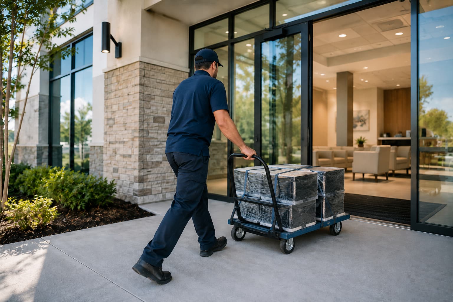 Organized kit delivery arriving at a finished clinic entrance on the scheduled date