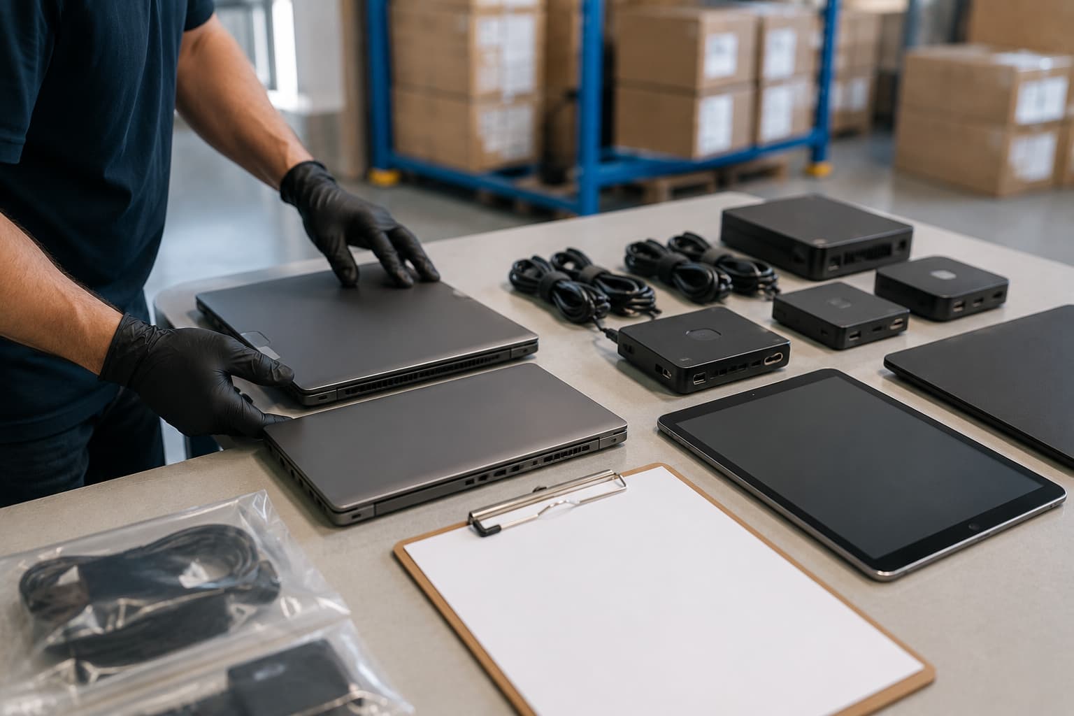 Labeled inventory log and condition photos for a clinic equipment shipment