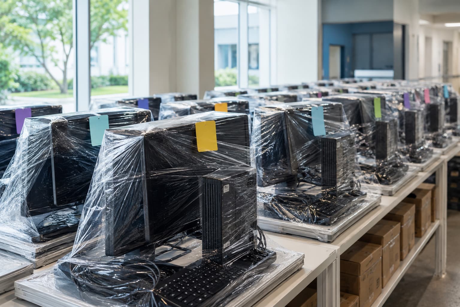 Wrapped workstation kits labeled by room number and department, staged for delivery