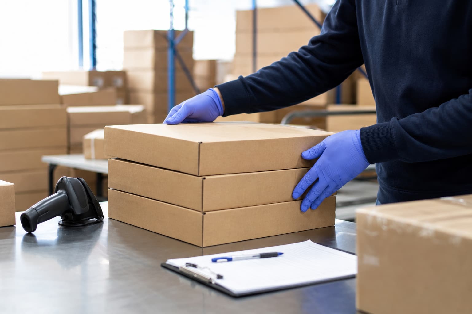 Sealed equipment cartons being counted and checked against a receiving record at intake