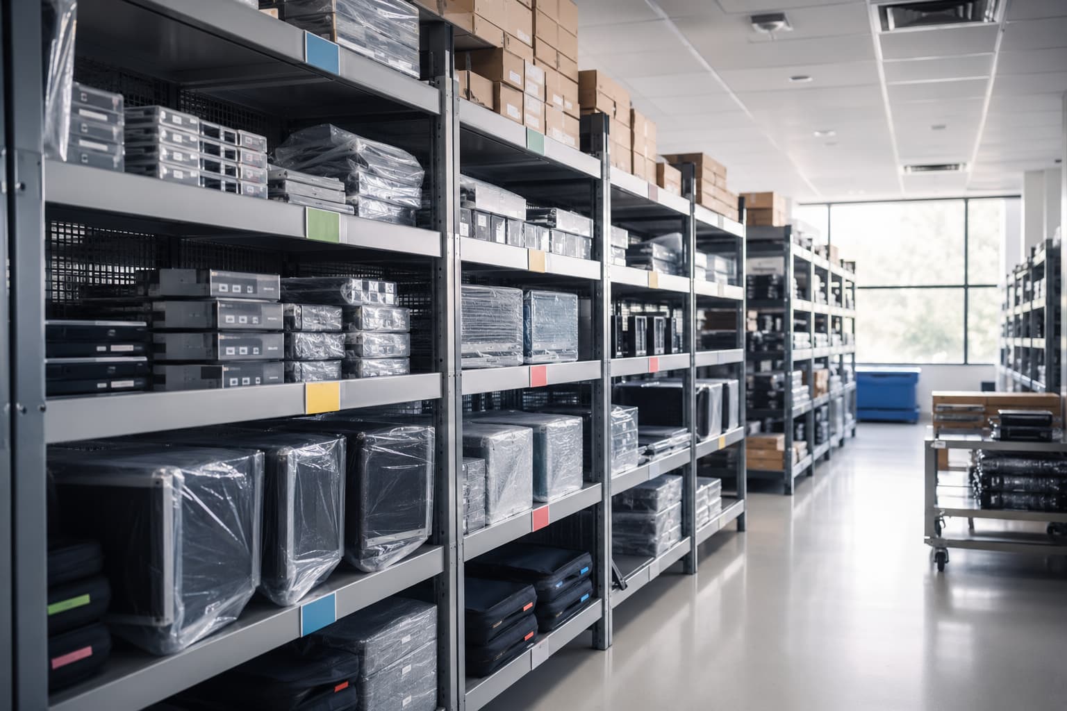 Shelved, labeled project zones in a clean climate-controlled storage space