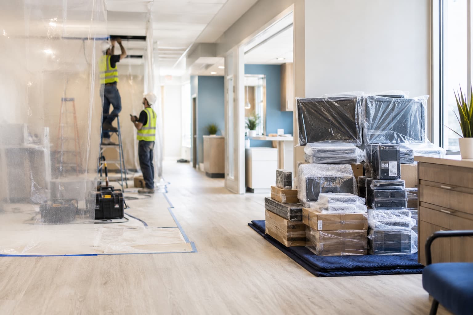 Renovation in a working medical office, with new equipment staged off site until the phase completes