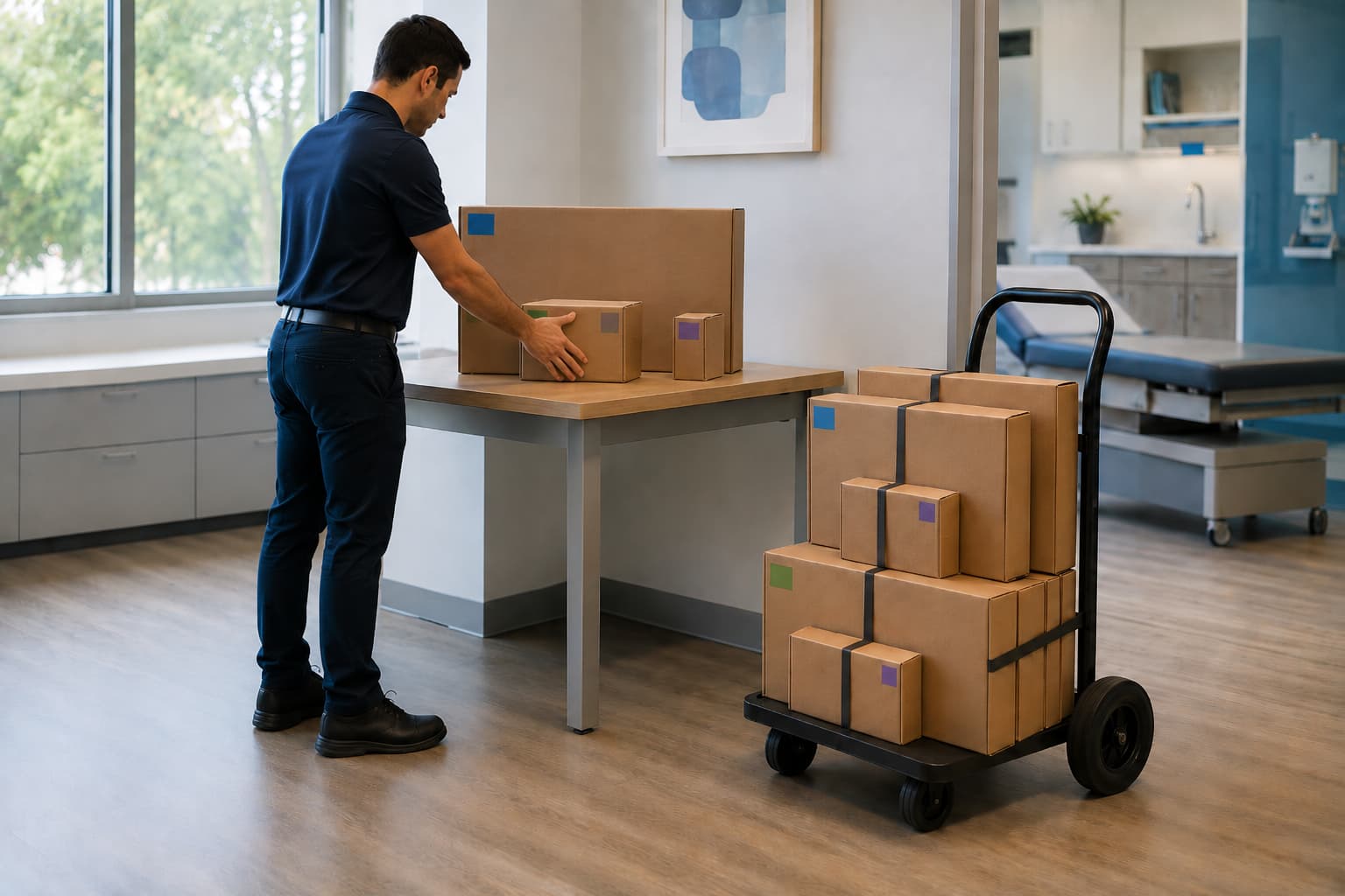 IT technician deploying from a labeled room kit instead of sorting through mixed boxes